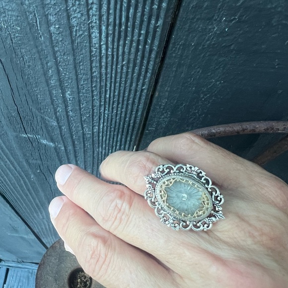 Art Deco Adjustable Camphor Glass Style Victorian Filigree Revival Ring - Picture 2 of 4